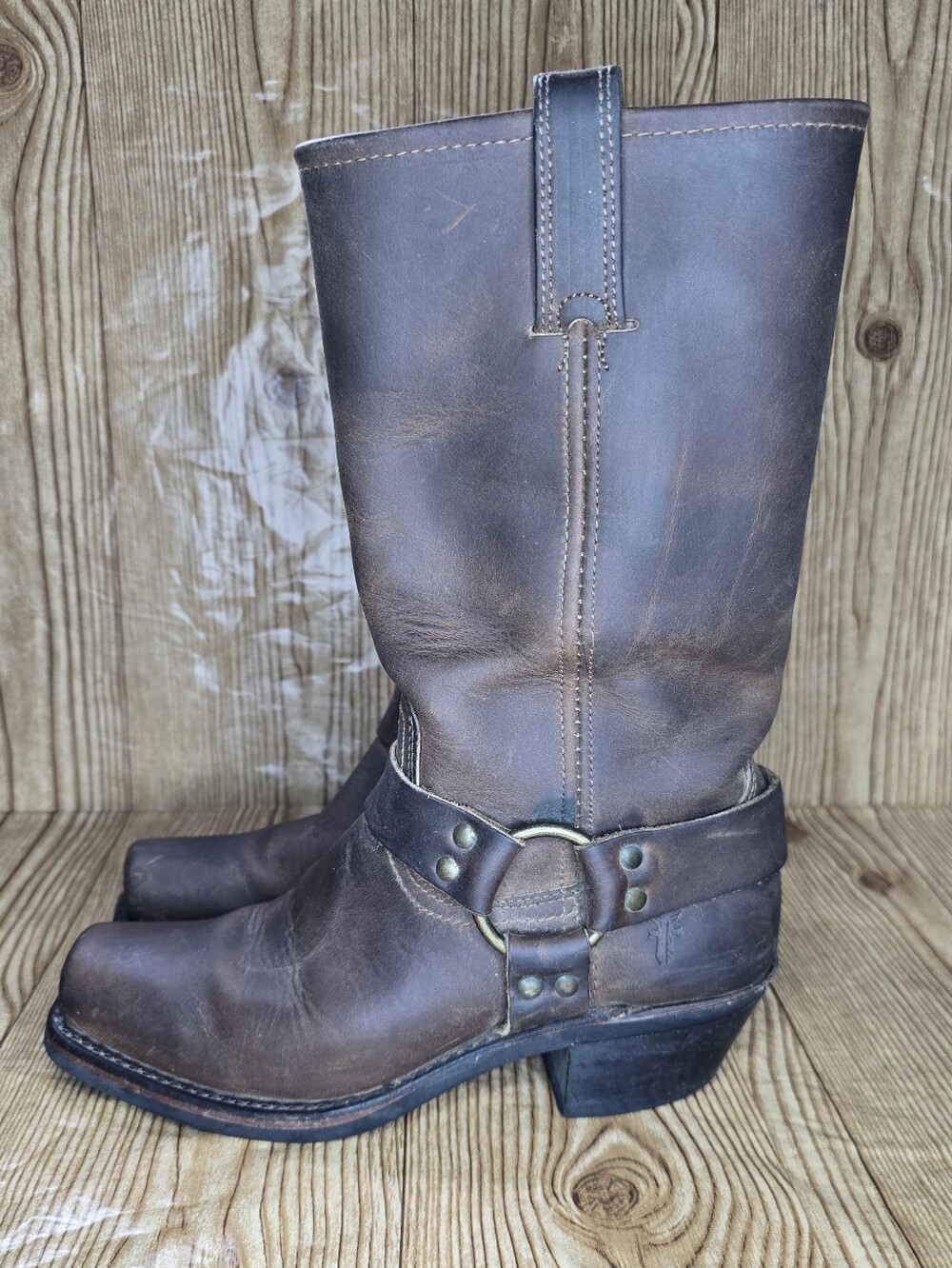 Women's Frye Brown Leather Harness Square Toe Boots Size 7.5 - Picture 3 of 16